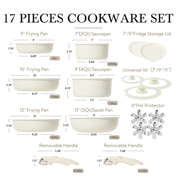 Carote Nonstick Cookware Sets, 17 Pcs Granite Non Stick Pots and Pans Set with Removable Handle - Image 3