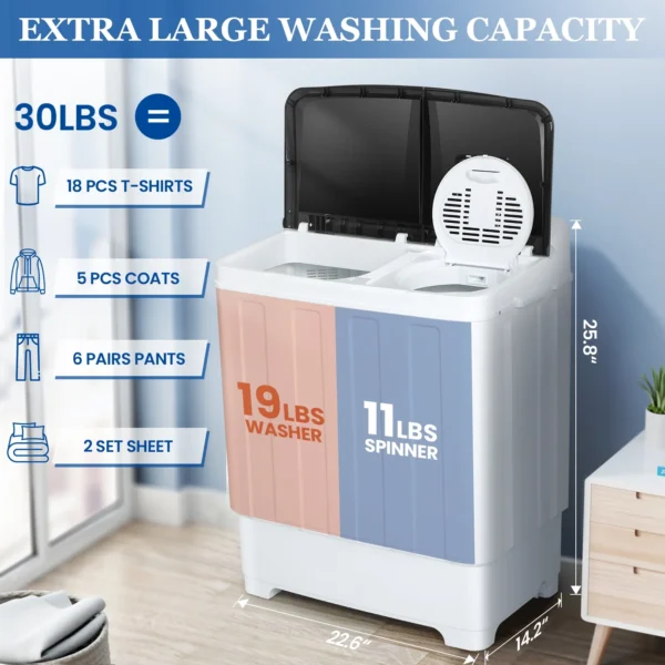 Veeboto Portable Washing Machine, 30LBS Twin Tub Mini Compact Laundry Washer 19lbs Washer/11lbs Spinner with Drain Pump & Time Control Washer Spinner Combo, White&Gray - Image 3