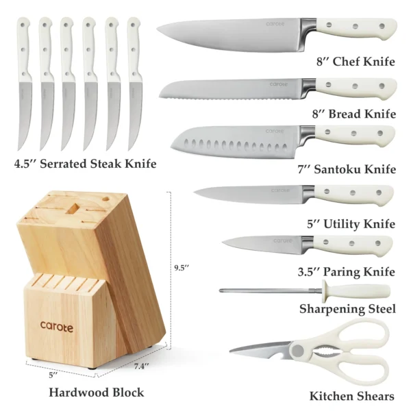 CAROTE 14 Pieces Knife Set with Wooden Block Stainless Steel Knives Dishwasher Safe with Sharp Blade Ergonomic Handle Forged Triple Rivet-Pearl White - Image 4