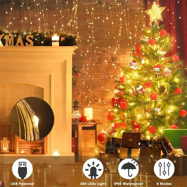 3M LED Curtain String Lights Fairy Decoration USB Holiday Garland Lamp 8 Mode For Home Garden Christmas Party New Year Wedding - Image 2