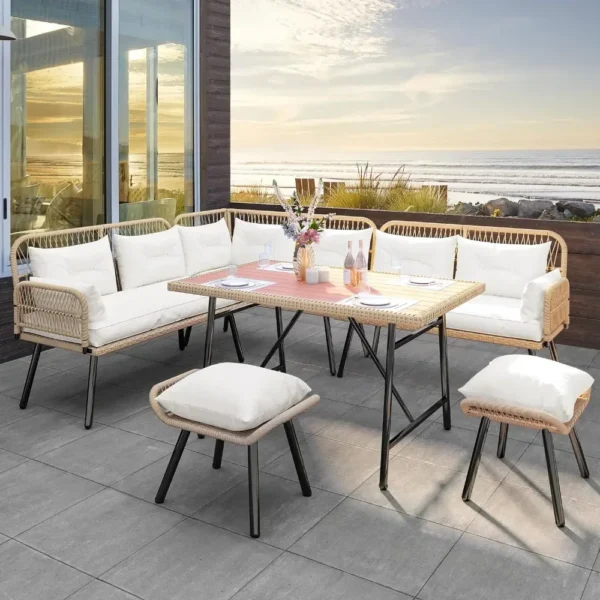 Garden Furniture Patio 8 Pieces Set, L-Shaped Furniture All-Weather Rattan Sets with Soft Cushion Chair, Garden Furniture Set