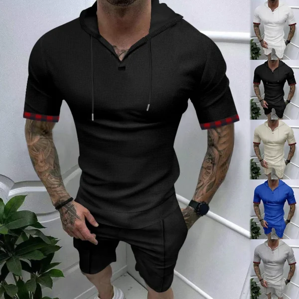 Men's solid color hooded short-sleeve suit thin breathable suitable for summer leisure sports street trend