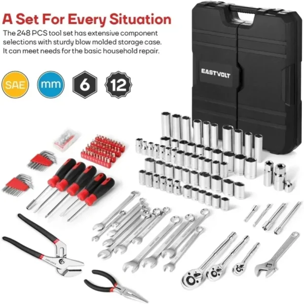 248 Pieces Mechanics Tool Set, General Purpose Mixed Sockets and Wrenches, Hand Tool Set Auto Repair Tool Kit - Image 2