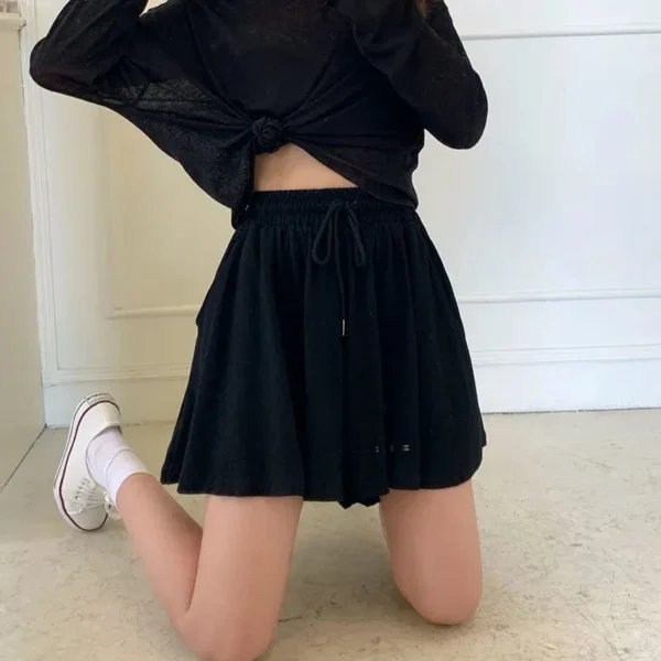 Summer Shorts Skirts Women Elastic High Waist Casual Wide Leg Shorts Korean A Line Loose Mini Skirt Black Short Pants - Image 6