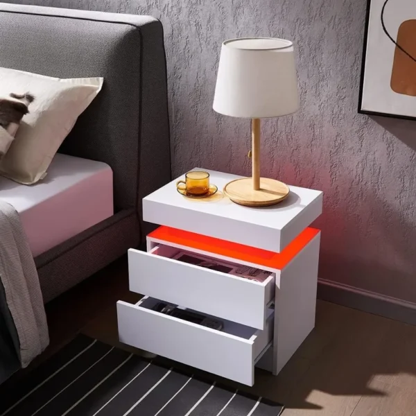 Side Bed Table With LED Light Bedside Tables for the Bedroom Furniture Generic Nightstand Set of 2 LED Nightstand With 2 Drawers - Image 5