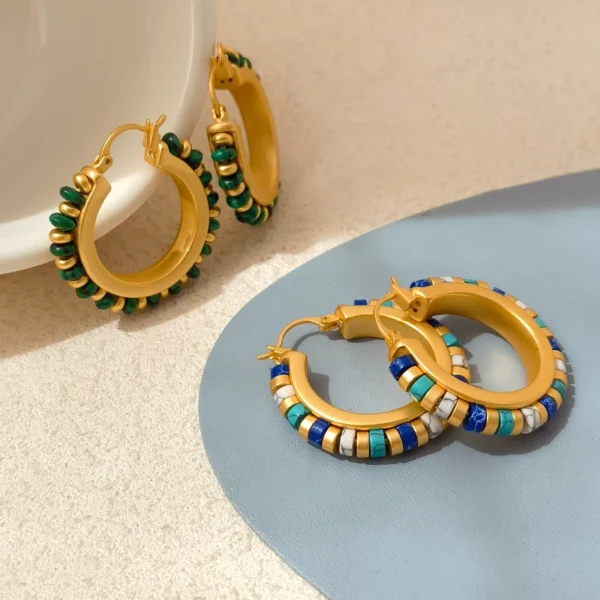 Retro Jewelry Green Stones Earrings Hot Sale Luxury Design High Quality Brass Metal Gold Color Hoop Earrings For Women 2023 - Image 4