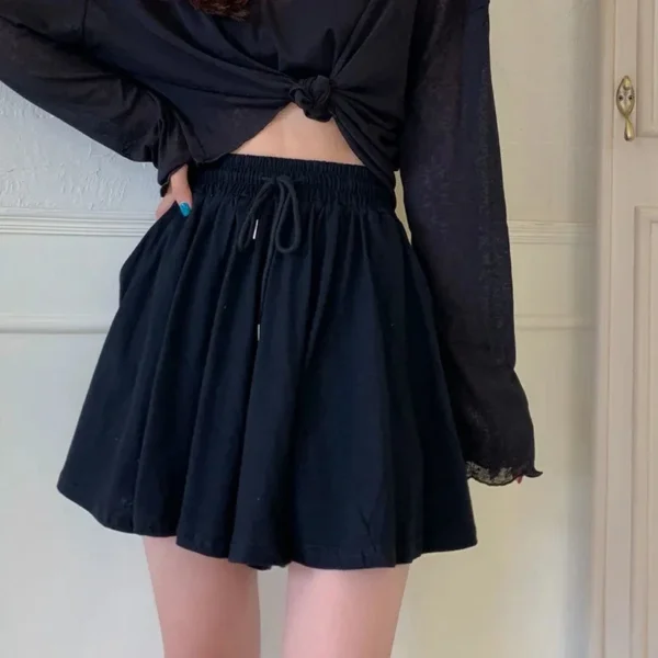 Summer Shorts Skirts Women Elastic High Waist Casual Wide Leg Shorts Korean A Line Loose Mini Skirt Black Short Pants - Image 5