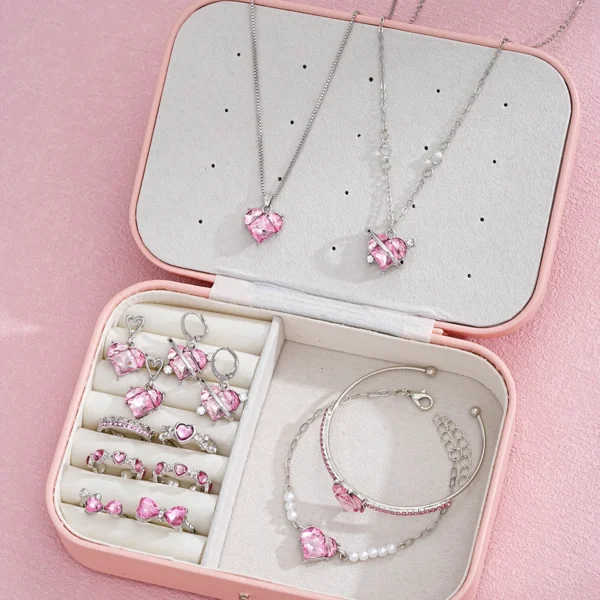 14 PCS Pink Craystal Heart Pendants Necklace Earrings Ring Bracelet Sets For Women Girl Fashion Jewelry Set Wedding Jewelry Gift - Image 2