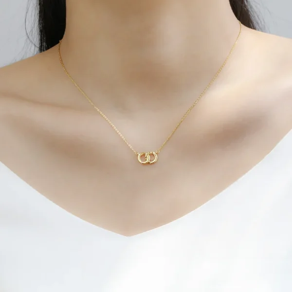 Korean version minimalist and fashionable S925 sterling silver plated K-gold double ring circular zirconia inlaid niche necklace - Image 2