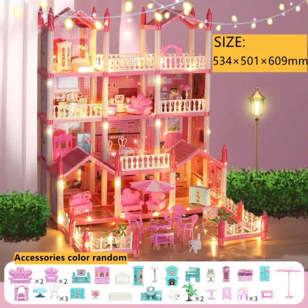 3d Assembly Diy Doll House Miniature Model Doll House Accessories Villa Princess Castle Led Lights Girl Birthday Gift Toy House