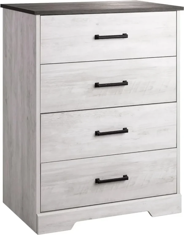 Farmhouse Chest, Wooden Bedroom Dresser with 4 Storage Drawers, 18.25in X 27.5in X 35.5in, Washed White