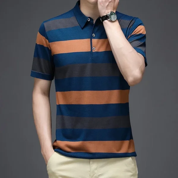 2024 Summer New Men's Knitted Stripe Short Sleeved POLO Shirt Comfortable and Cool Casual Fashion T-shirt - Image 4