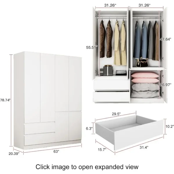 4 Doors Wardrobe , with Drawers and Shelves, Armoires and Wardrobes with Hanging Rod, Wooden Wardrobe - Image 6