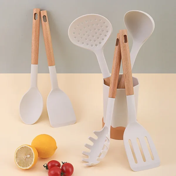 White wooden handle kitchen cooking tools silicone kitchenware seven piece set silicone spatula kitchen utensils cooking stir fr - Image 4