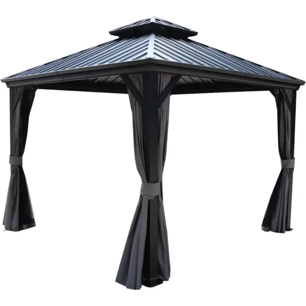 10x12FT Gazebo Double Roof Canopy Outdoor with Netting and Shaded Curtains, Aluminum Frame Polycarbonate Hardtop Garden Tent - Image 3