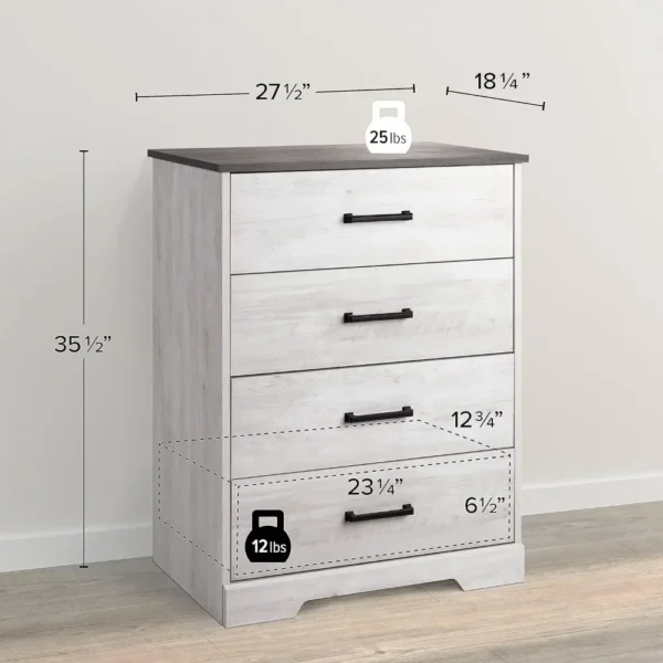 Farmhouse Chest, Wooden Bedroom Dresser with 4 Storage Drawers, 18.25in X 27.5in X 35.5in, Washed White - Image 3