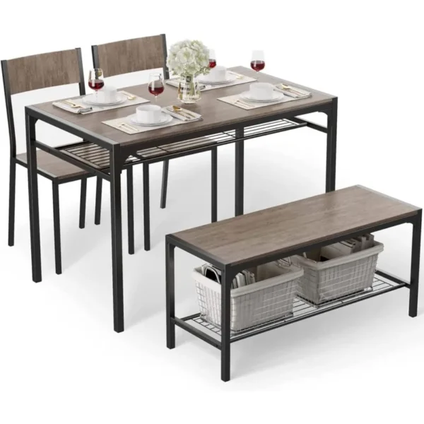 Kitchen Table and 2 Chairs for 4 with Bench, 4 Piece Dining Table Set for Small Space