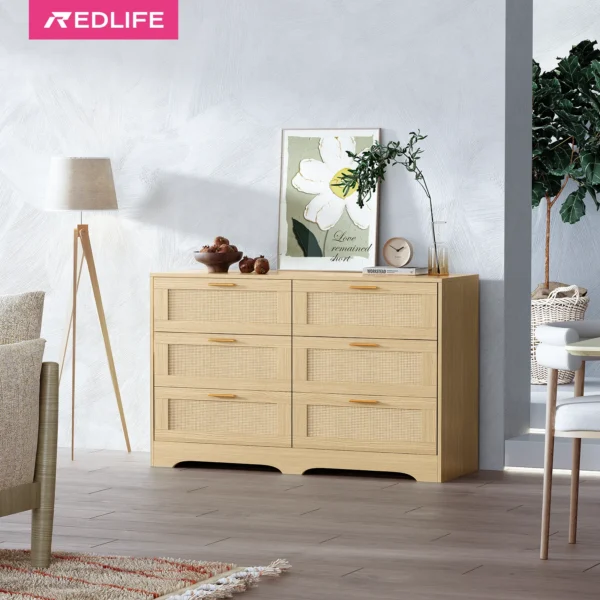 REDLIFE 47.24" Rattan Dresser with 6 Drawers ,Modern Chest Wood Storage Closet w/ Golden Handles for Bedroom Living Room Hallway