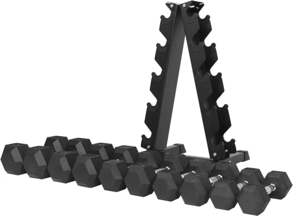 Rubber Coated Hex Dumbbell Weight Set and Storage Rack, Multiple Packages - Image 3