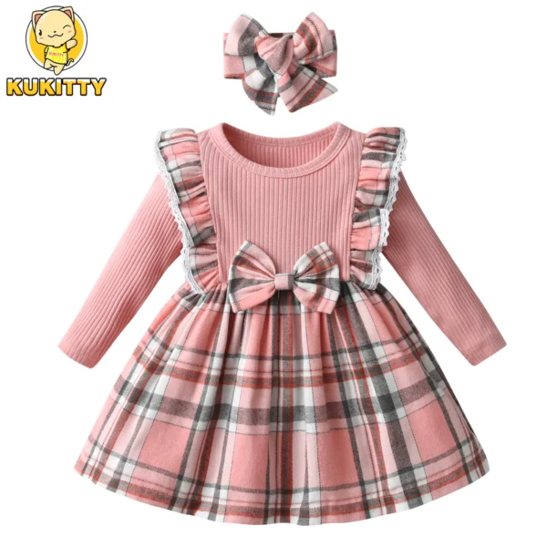 0-24Months Toddlers Baby Girls Princess Dress Clothes New Plaid Knit Long Sleeve Dresses Come with Bow Headband Outfits