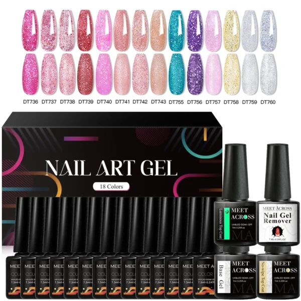 MEET ACROSS 18Pcs/Set Sparkly Gel Nail Polish With Box Nude Pink Glitter Nail Art Semi Permanent UV Painting Gel Polish Kit - Image 5