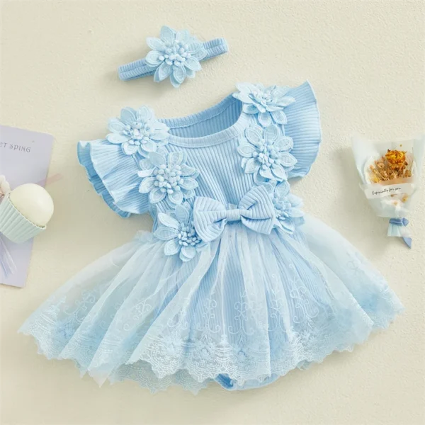 3D Flower Summer Baby Girls Romper Princess Mesh Newborn Clothes Lace Patchwork Ruffle Bodysuit Dress Headband Kids Clothing - Image 2