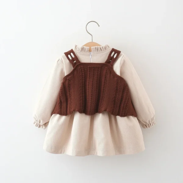 Autumn and Winter New Girls Dress Long Sleeve Casual Lady Bow Ribbon Waistcoat Two-piece Set (0-3 Years Old Girls) - Image 2