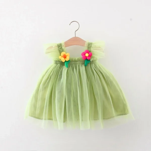 Baby Girl Dress Summer Fresh Transparent Mesh Dress Beautiful Flower Girl Baby One Collar Strap Skirt (0-3 Years Old)