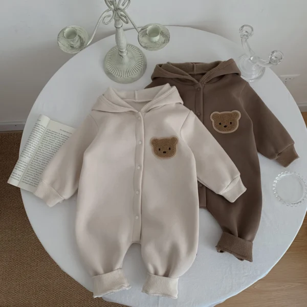 Winter Newborn Baby Plush Bodysuit Button Jumpsuit Cartoon Bear Hoodies Boy Girl Romper Twins Clothes Korean version - Image 4