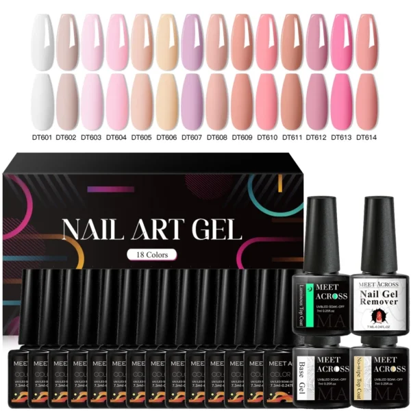 MEET ACROSS 18Pcs/Set Sparkly Gel Nail Polish With Box Nude Pink Glitter Nail Art Semi Permanent UV Painting Gel Polish Kit