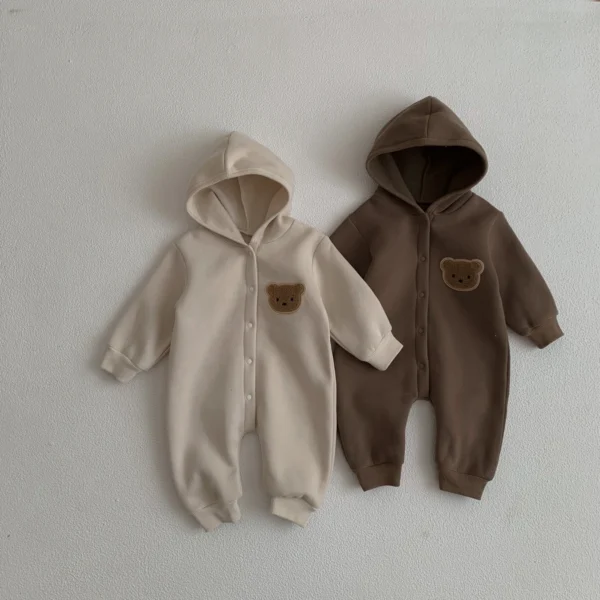 Winter Newborn Baby Plush Bodysuit Button Jumpsuit Cartoon Bear Hoodies Boy Girl Romper Twins Clothes Korean version - Image 2