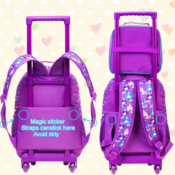 3PCS Rolling Backpack for Girls Kids Roller Wheels Bookbag with Lunch Bag Pink Fishtail Glow-in-the-dark Function - Image 5