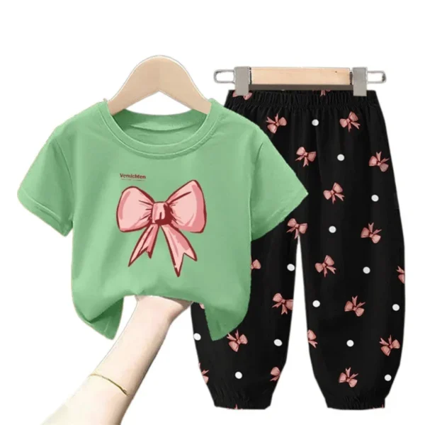 Children's Suit Short-sleeved Round Neck Top with Bow Print+cuffs Trousers 2-piece Set Simple Style Outer Wear Casual Loungewear - Image 4