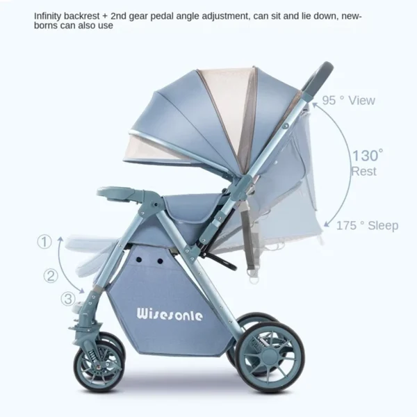 Luxury Baby Stroller Can Sit and Lie Down High Landscape Lightweight One Button Folding Two-way Push Four Wheel Shock Absorption - Image 2